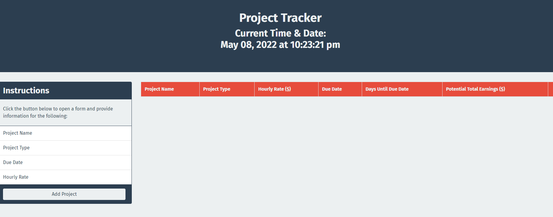 A table that lets you display the name of a project, wh  ich type of project it is, its cost, the deadline and the potential earnings